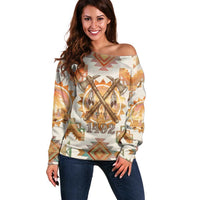 Native American Headdress and Tomahawk Off Shoulder Sweater with 1492 Symbolic Date Traditional Feather Motif Indigenous Heritage - Wonder Print Shop