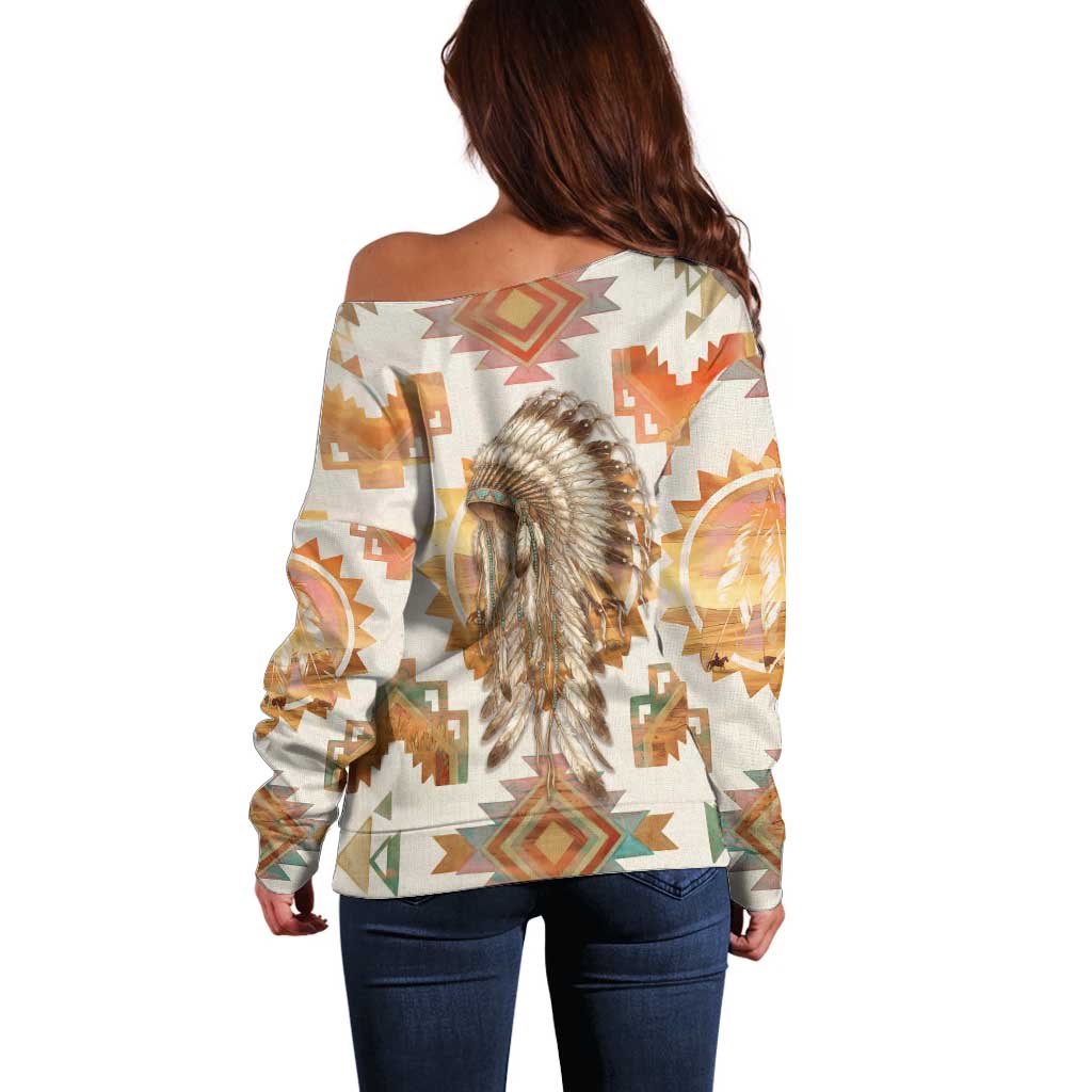 Native American Headdress and Tomahawk Off Shoulder Sweater with 1492 Symbolic Date Traditional Feather Motif Indigenous Heritage - Wonder Print Shop
