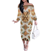 Native American Headdress and Tomahawk Off The Shoulder Long Sleeve Dress with 1492 Symbolic Date Traditional Feather Motif Indigenous Heritage - Wonder Print Shop
