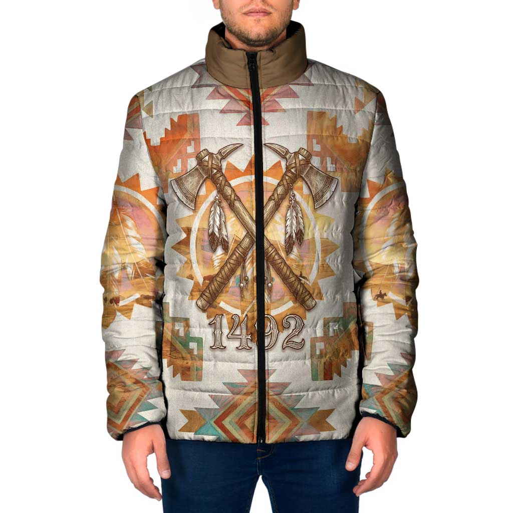 Native American Headdress and Tomahawk Padded Jacket with 1492 Symbolic Date Traditional Feather Motif Indigenous Heritage - Wonder Print Shop