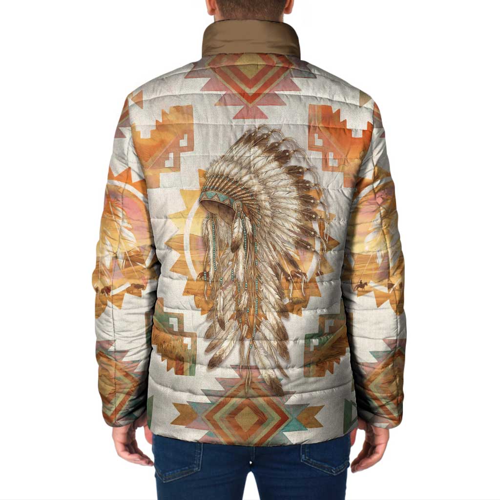Native American Headdress and Tomahawk Padded Jacket with 1492 Symbolic Date Traditional Feather Motif Indigenous Heritage - Wonder Print Shop