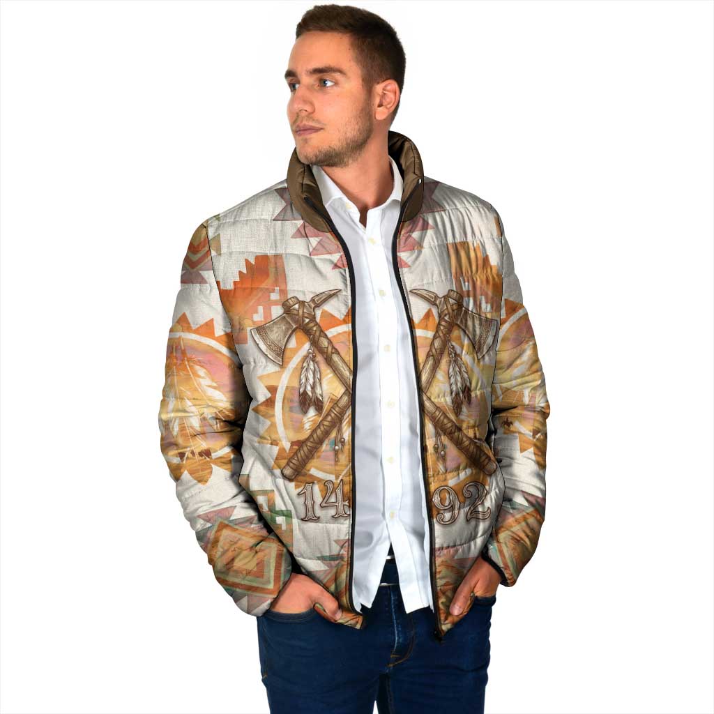 Native American Headdress and Tomahawk Padded Jacket with 1492 Symbolic Date Traditional Feather Motif Indigenous Heritage - Wonder Print Shop