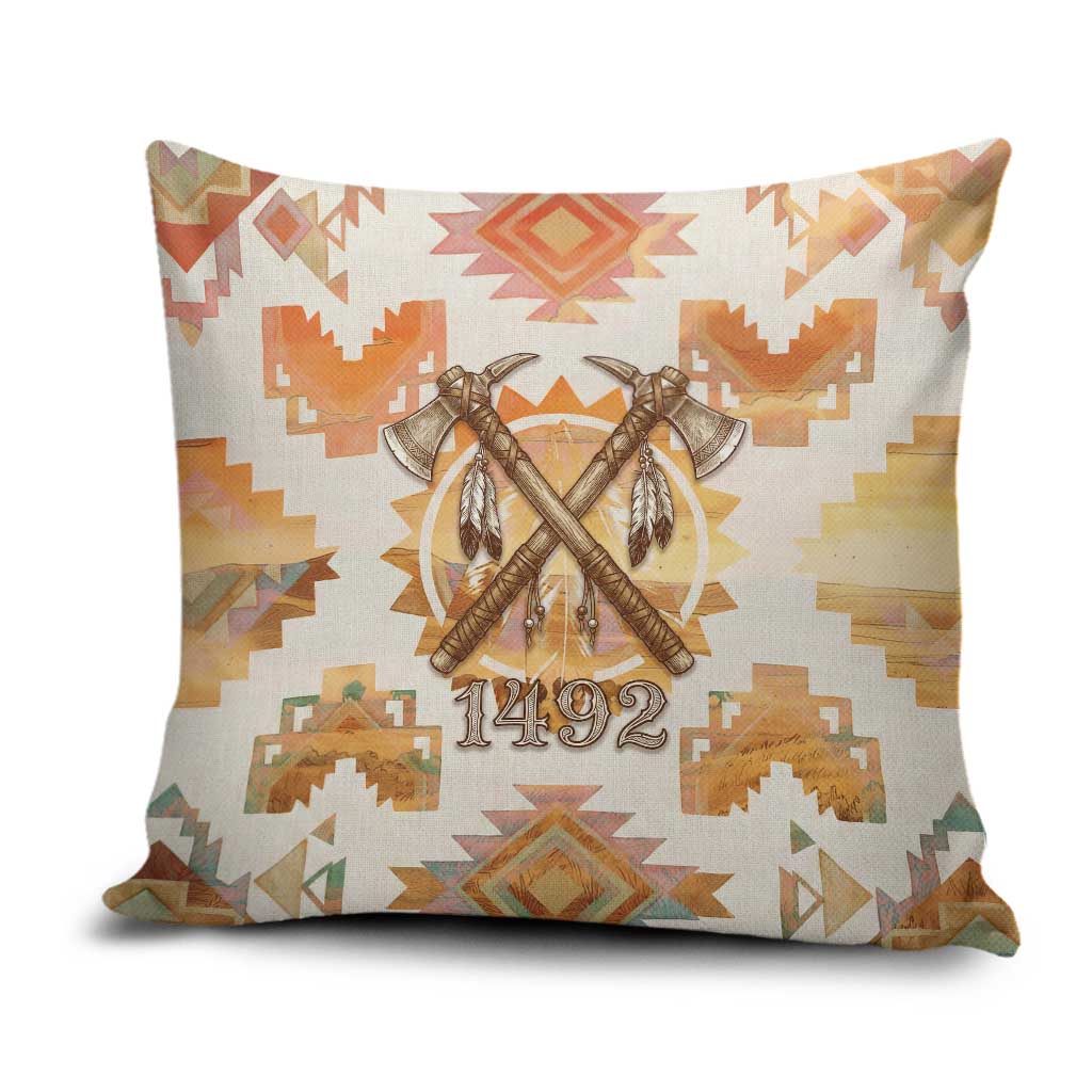 Native American Headdress and Tomahawk Pillow Cover with 1492 Symbolic Date Traditional Feather Motif Indigenous Heritage - Wonder Print Shop