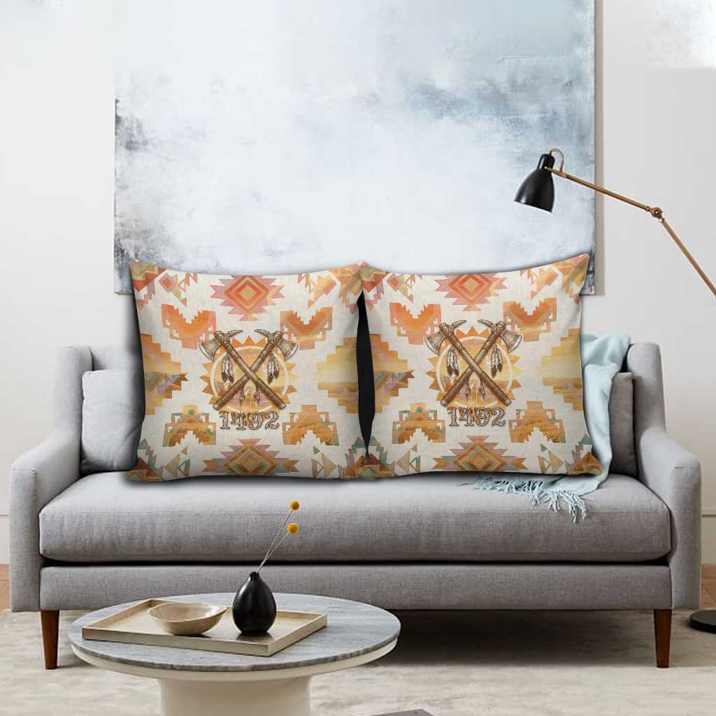 Native American Headdress and Tomahawk Pillow Cover with 1492 Symbolic Date Traditional Feather Motif Indigenous Heritage - Wonder Print Shop