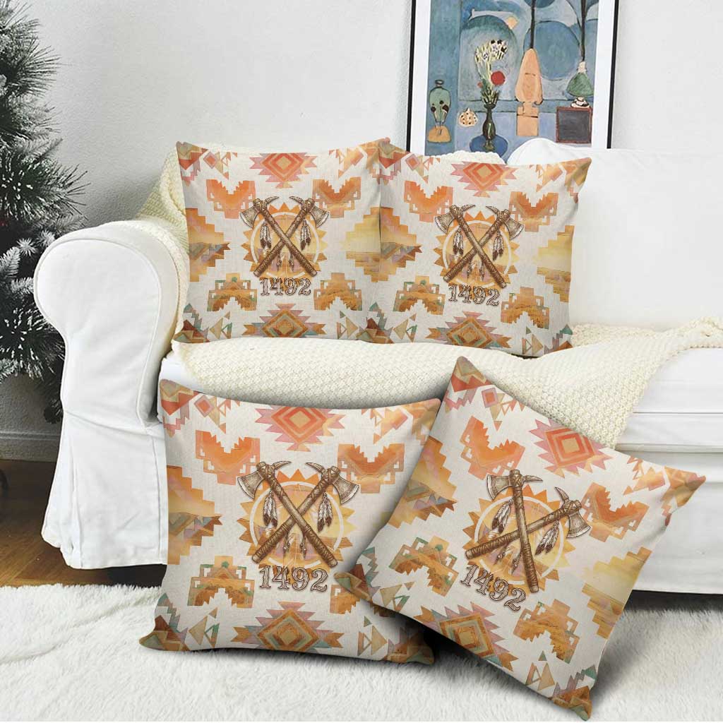 Native American Headdress and Tomahawk Pillow Cover with 1492 Symbolic Date Traditional Feather Motif Indigenous Heritage - Wonder Print Shop