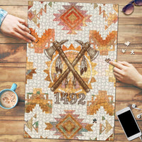 Native American Headdress and Tomahawk Puzzle with 1492 Symbolic Date Traditional Feather Motif Indigenous Heritage - Wonder Print Shop