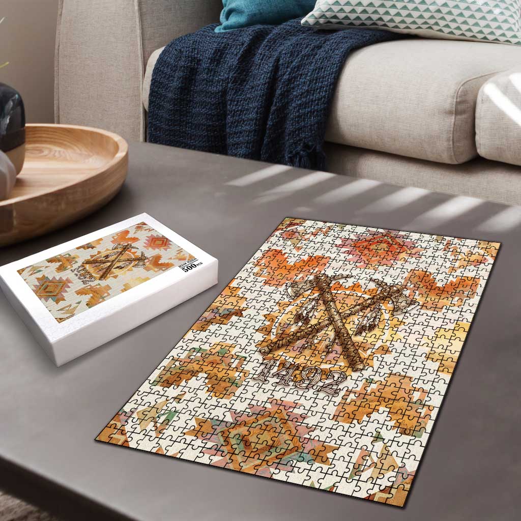 Native American Headdress and Tomahawk Puzzle with 1492 Symbolic Date Traditional Feather Motif Indigenous Heritage - Wonder Print Shop