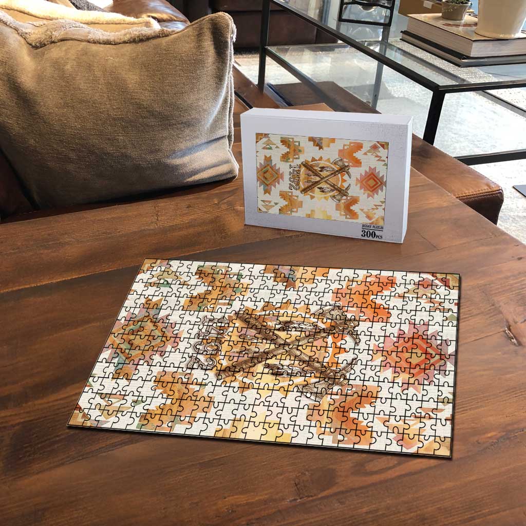 Native American Headdress and Tomahawk Puzzle with 1492 Symbolic Date Traditional Feather Motif Indigenous Heritage - Wonder Print Shop
