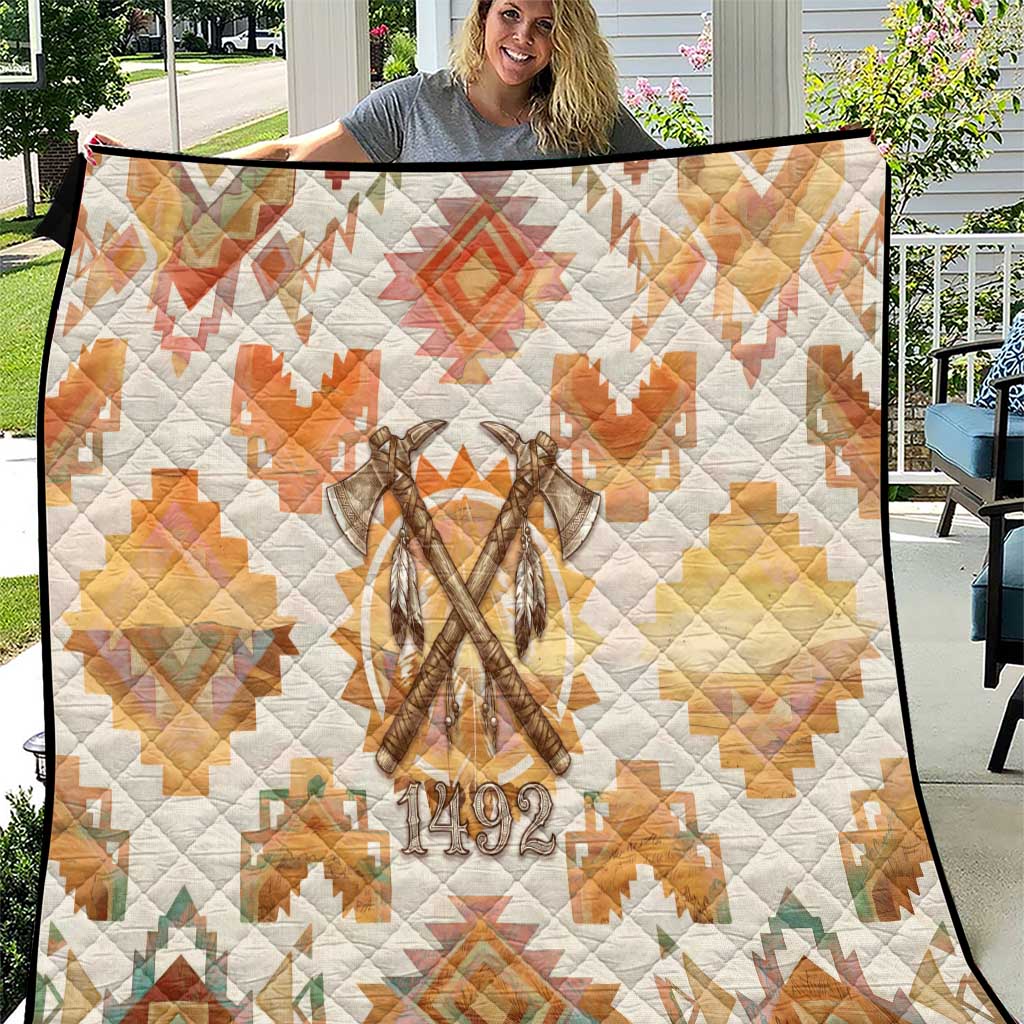 Native American Headdress and Tomahawk Quilt with 1492 Symbolic Date Traditional Feather Motif Indigenous Heritage - Wonder Print Shop