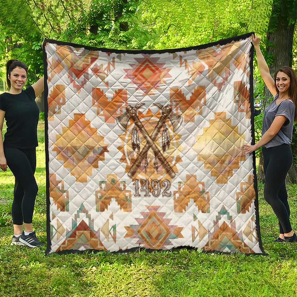 Native American Headdress and Tomahawk Quilt with 1492 Symbolic Date Traditional Feather Motif Indigenous Heritage - Wonder Print Shop