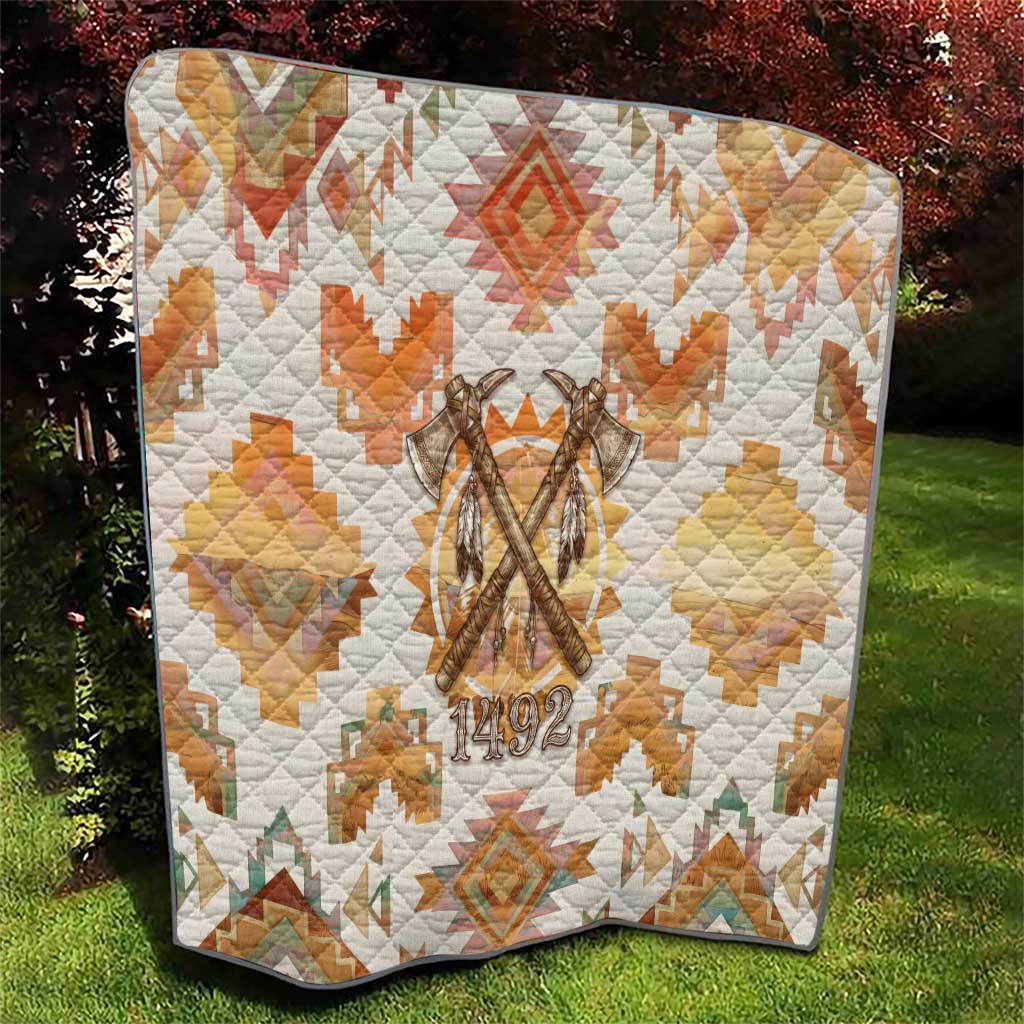 Native American Headdress and Tomahawk Quilt with 1492 Symbolic Date Traditional Feather Motif Indigenous Heritage - Wonder Print Shop