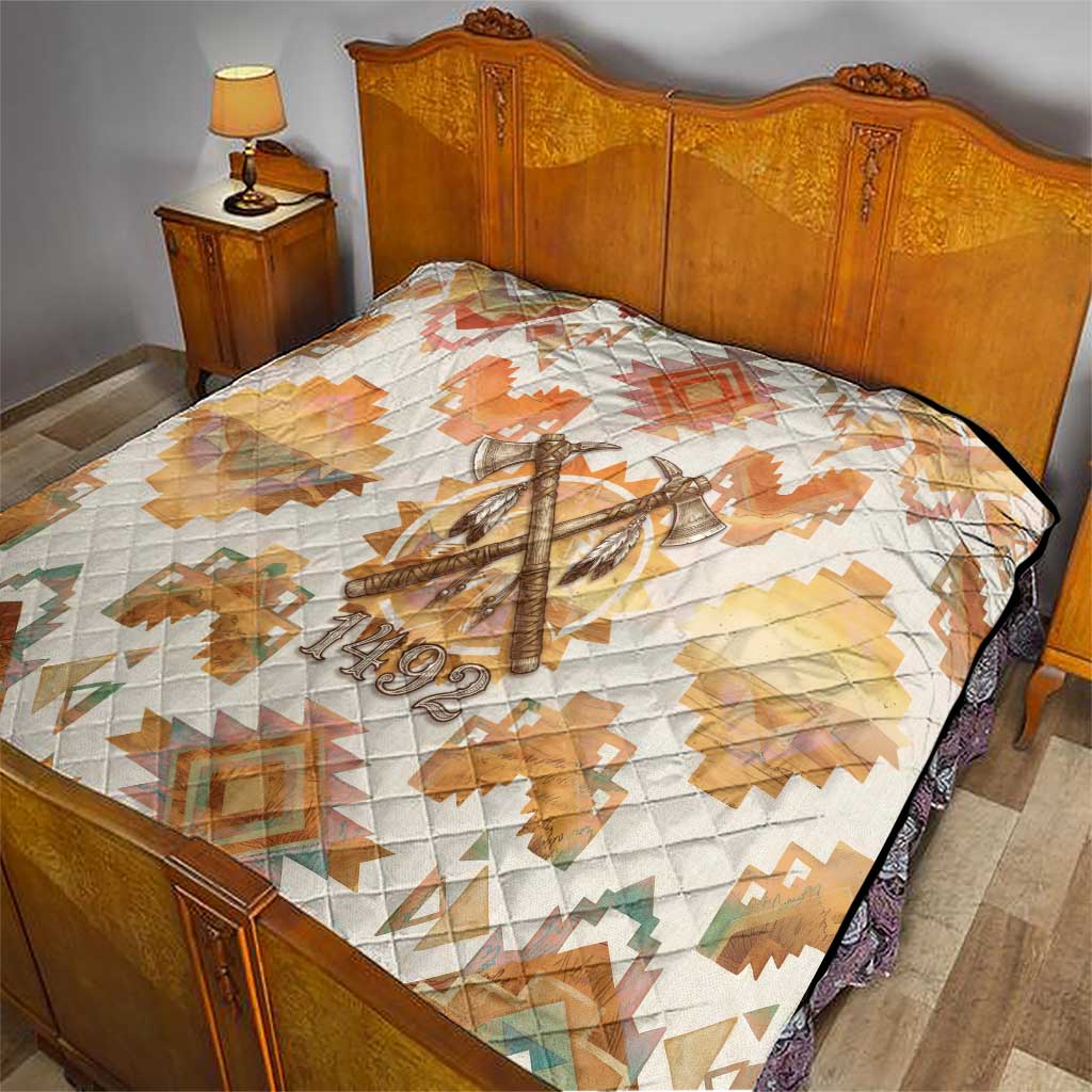 Native American Headdress and Tomahawk Quilt with 1492 Symbolic Date Traditional Feather Motif Indigenous Heritage - Wonder Print Shop