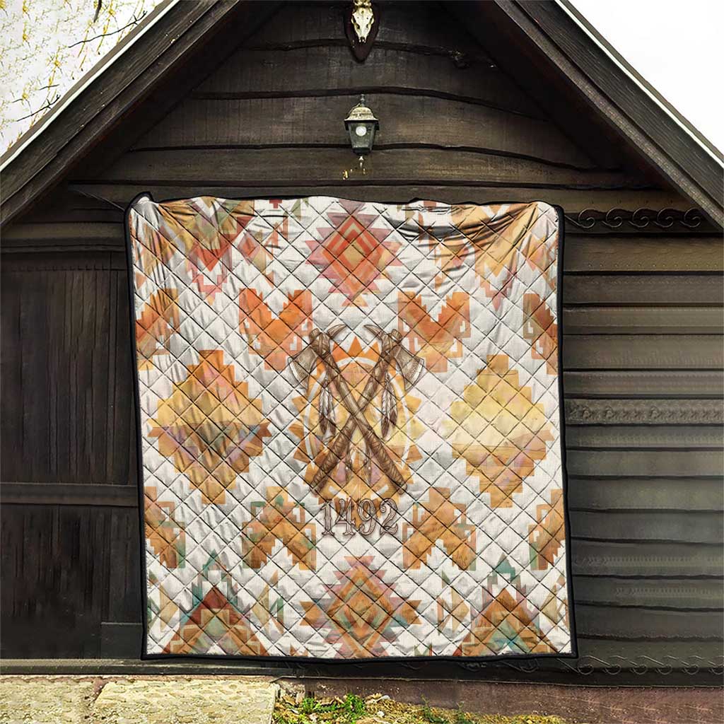 Native American Headdress and Tomahawk Quilt with 1492 Symbolic Date Traditional Feather Motif Indigenous Heritage - Wonder Print Shop