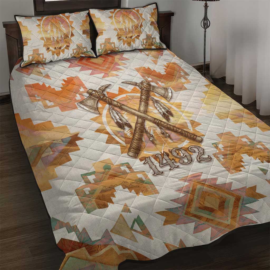 Native American Headdress and Tomahawk Quilt Bed Set with 1492 Symbolic Date Traditional Feather Motif Indigenous Heritage - Wonder Print Shop