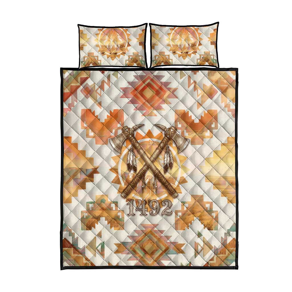 Native American Headdress and Tomahawk Quilt Bed Set with 1492 Symbolic Date Traditional Feather Motif Indigenous Heritage - Wonder Print Shop