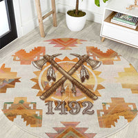 Native American Headdress and Tomahawk Round Carpet with 1492 Symbolic Date Traditional Feather Motif Indigenous Heritage - Wonder Print Shop