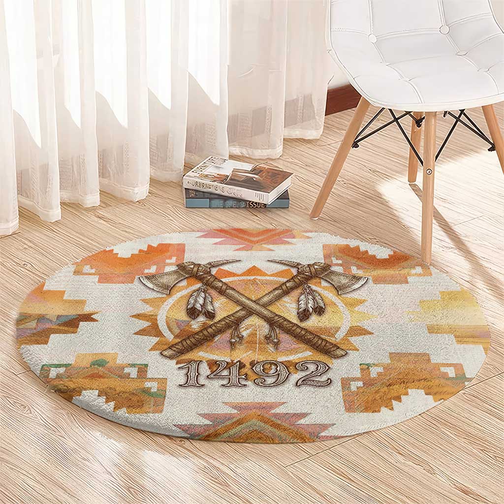 Native American Headdress and Tomahawk Round Carpet with 1492 Symbolic Date Traditional Feather Motif Indigenous Heritage - Wonder Print Shop