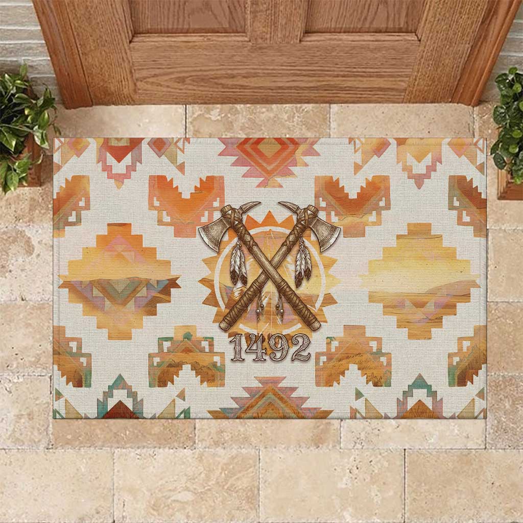 Native American Headdress and Tomahawk Rubber Doormat with 1492 Symbolic Date Traditional Feather Motif Indigenous Heritage - Wonder Print Shop