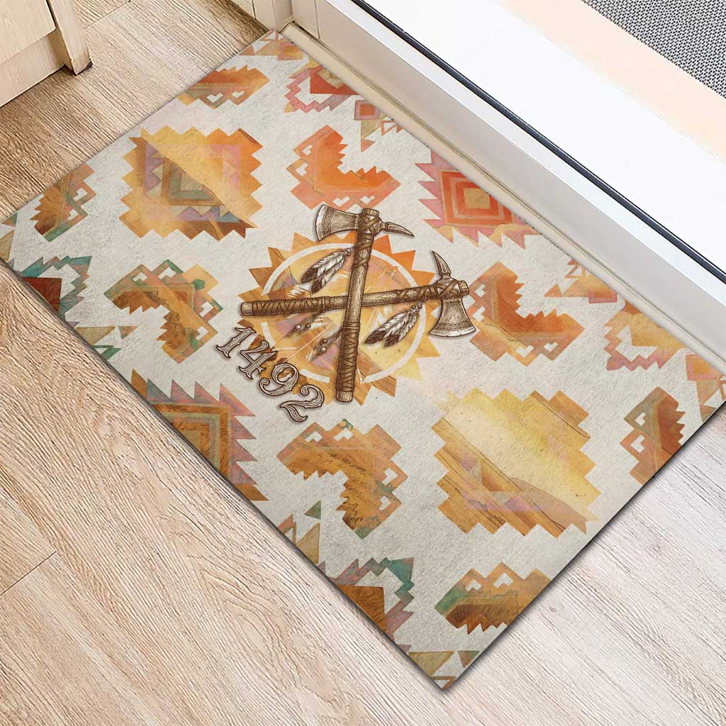Native American Headdress and Tomahawk Rubber Doormat with 1492 Symbolic Date Traditional Feather Motif Indigenous Heritage - Wonder Print Shop