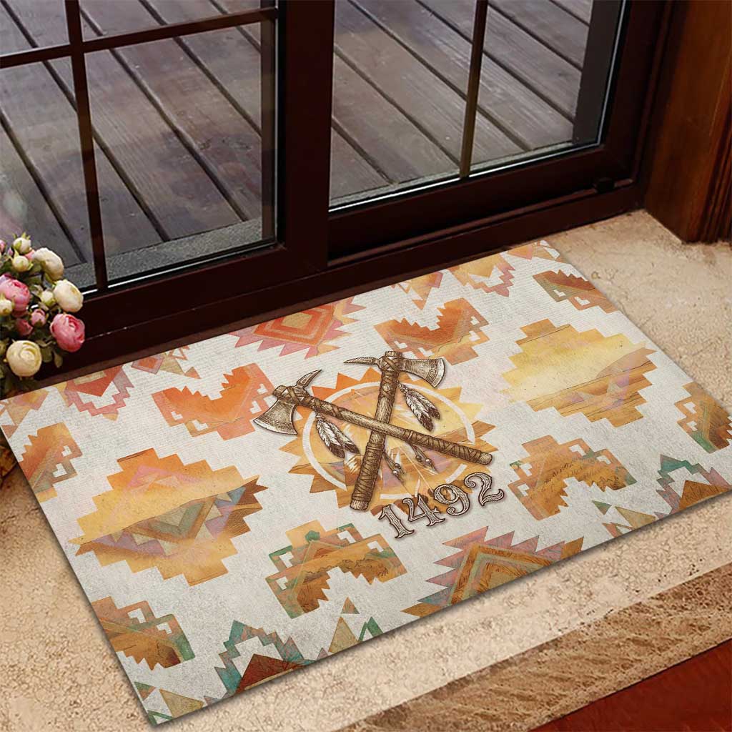 Native American Headdress and Tomahawk Rubber Doormat with 1492 Symbolic Date Traditional Feather Motif Indigenous Heritage - Wonder Print Shop