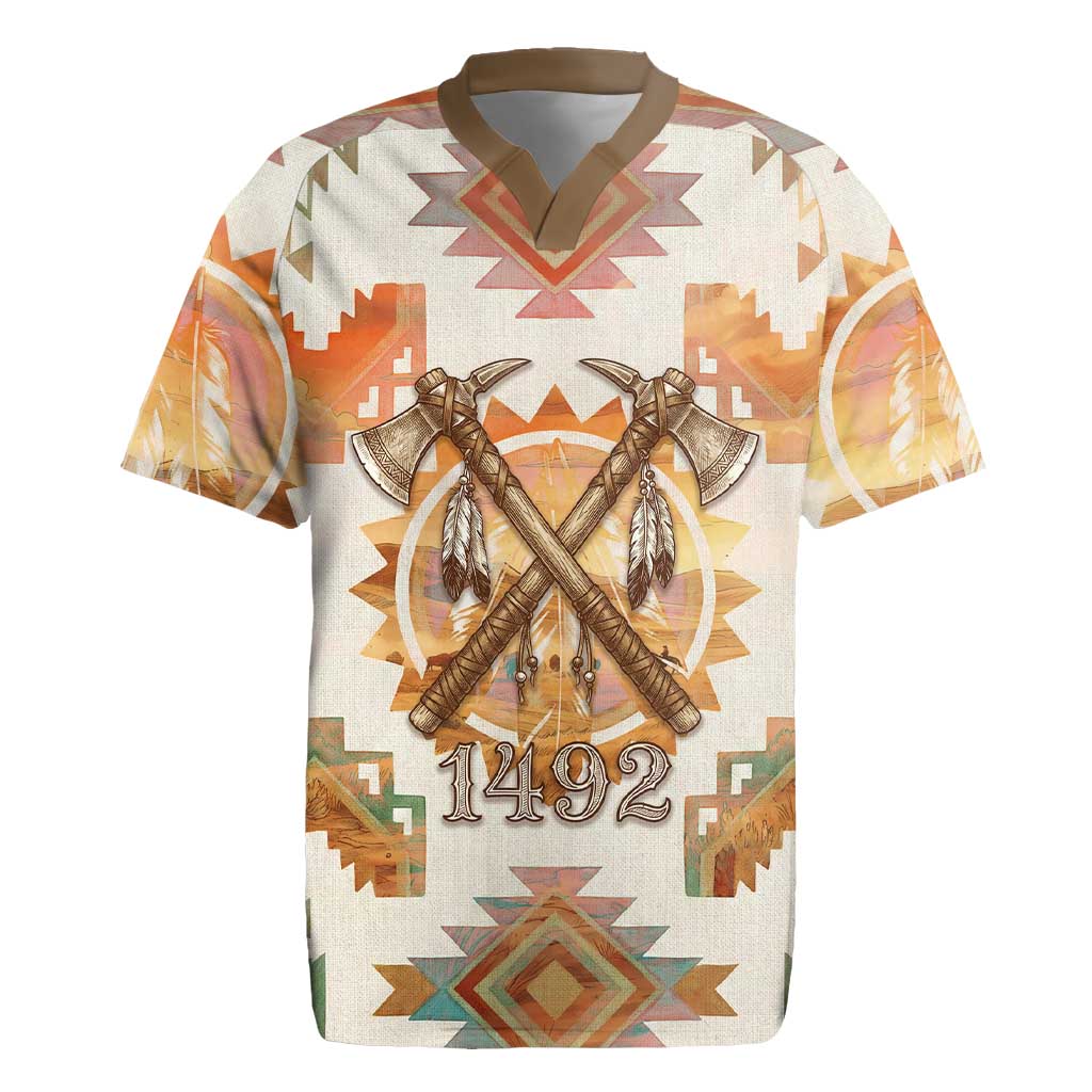 Native American Headdress and Tomahawk Rugby Jersey with 1492 Symbolic Date Traditional Feather Motif Indigenous Heritage - Wonder Print Shop
