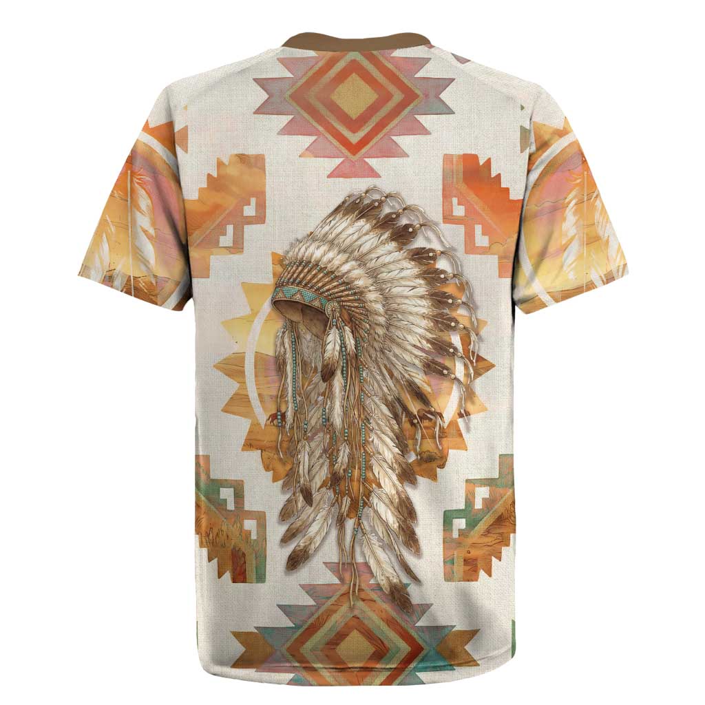 Native American Headdress and Tomahawk Rugby Jersey with 1492 Symbolic Date Traditional Feather Motif Indigenous Heritage - Wonder Print Shop