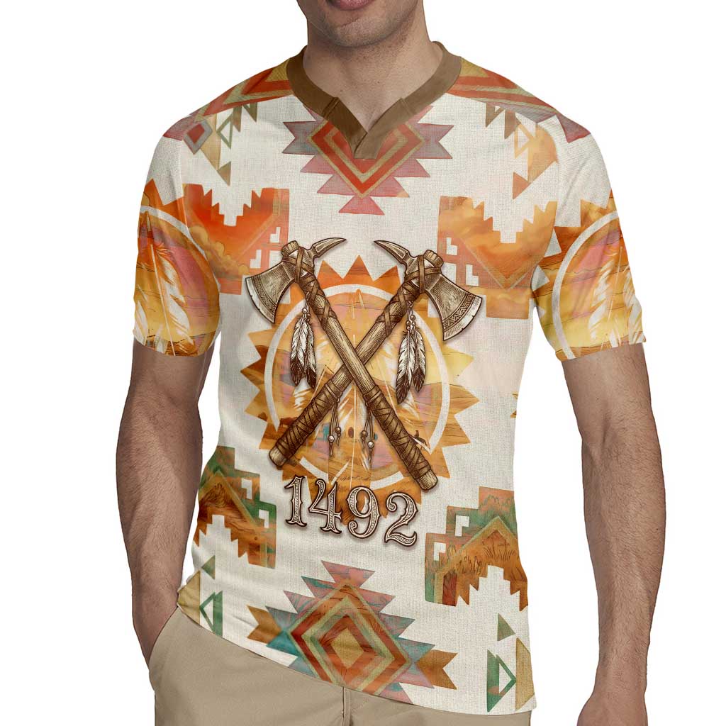 Native American Headdress and Tomahawk Rugby Jersey with 1492 Symbolic Date Traditional Feather Motif Indigenous Heritage - Wonder Print Shop