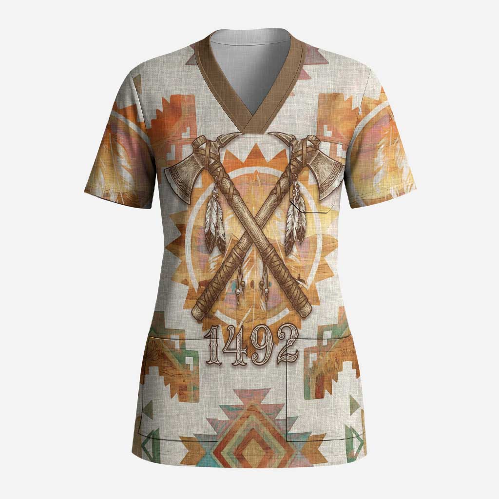 Native American Headdress and Tomahawk Scrub Top with 1492 Symbolic Date Traditional Feather Motif Indigenous Heritage - undefined