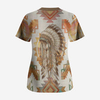 Native American Headdress and Tomahawk Scrub Top with 1492 Symbolic Date Traditional Feather Motif Indigenous Heritage - undefined