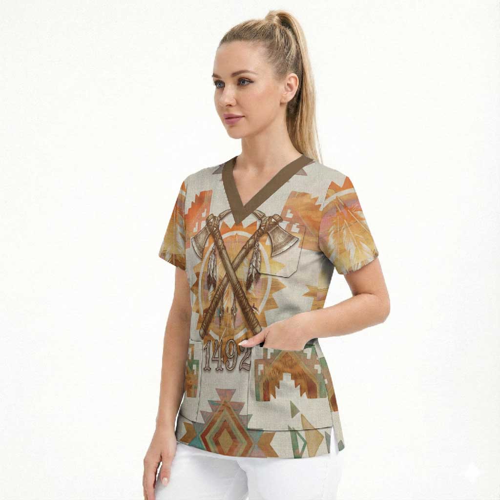 Native American Headdress and Tomahawk Scrub Top with 1492 Symbolic Date Traditional Feather Motif Indigenous Heritage - undefined