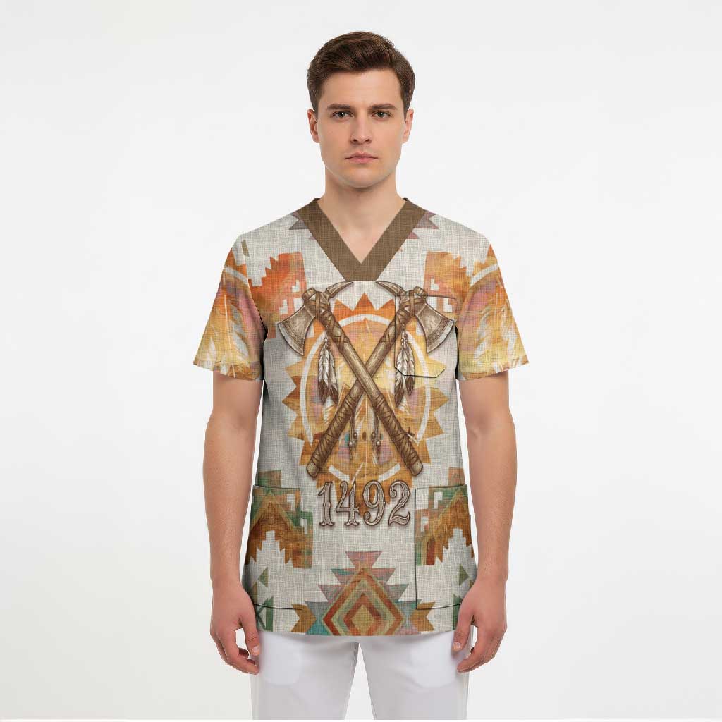 Native American Headdress and Tomahawk Scrub Top with 1492 Symbolic Date Traditional Feather Motif Indigenous Heritage - undefined