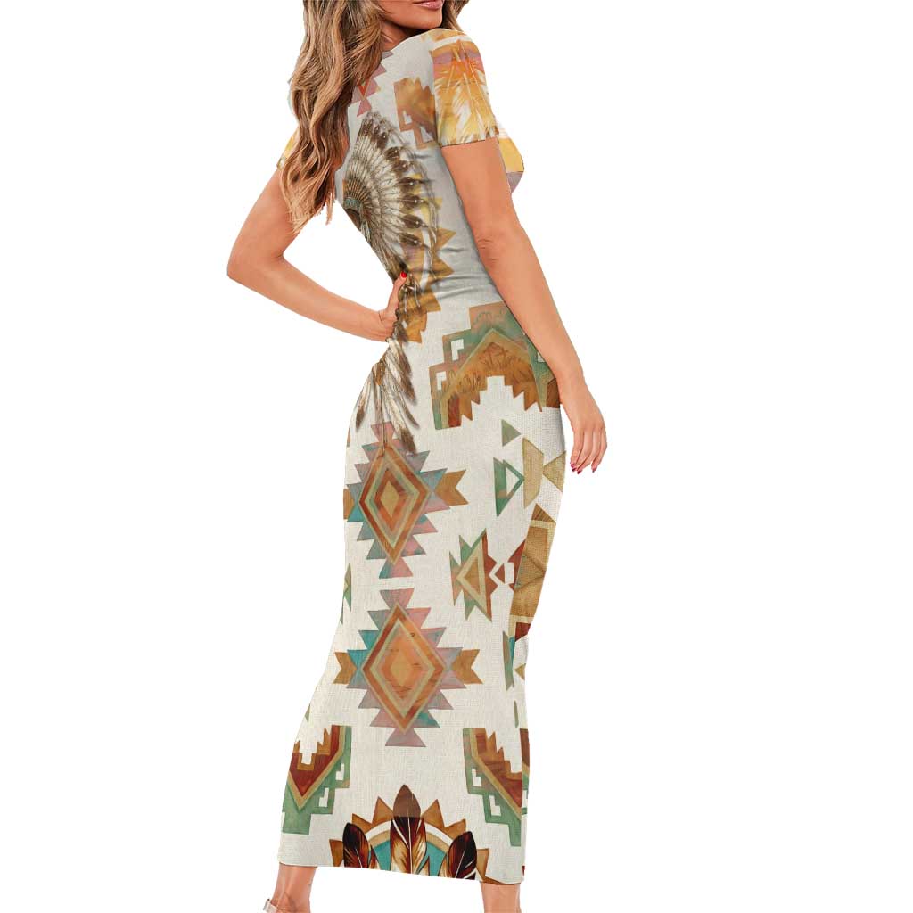 Native American Headdress and Tomahawk Short Sleeve Bodycon Dress with 1492 Symbolic Date Traditional Feather Motif Indigenous Heritage - Wonder Print Shop