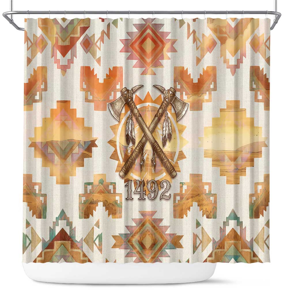 Native American Headdress and Tomahawk Shower Curtain with 1492 Symbolic Date Traditional Feather Motif Indigenous Heritage - Wonder Print Shop