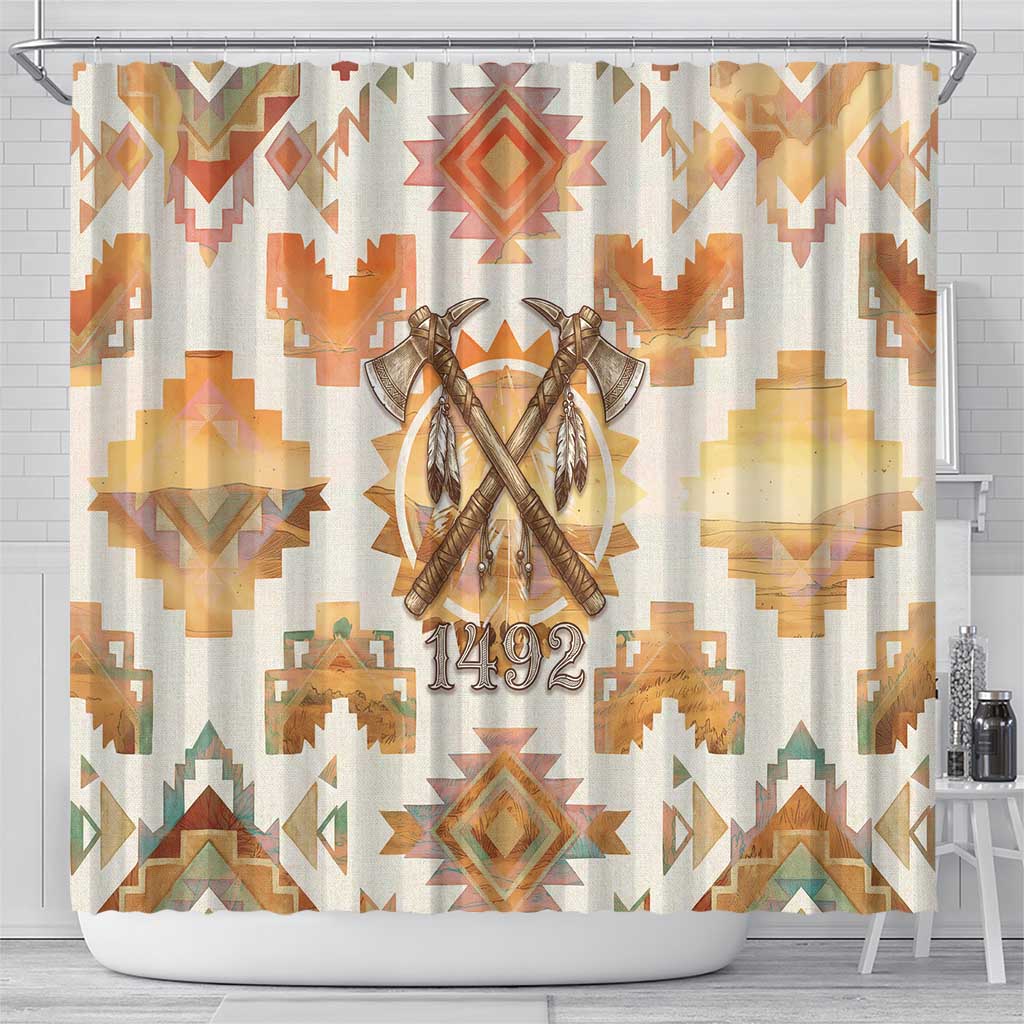 Native American Headdress and Tomahawk Shower Curtain with 1492 Symbolic Date Traditional Feather Motif Indigenous Heritage - Wonder Print Shop