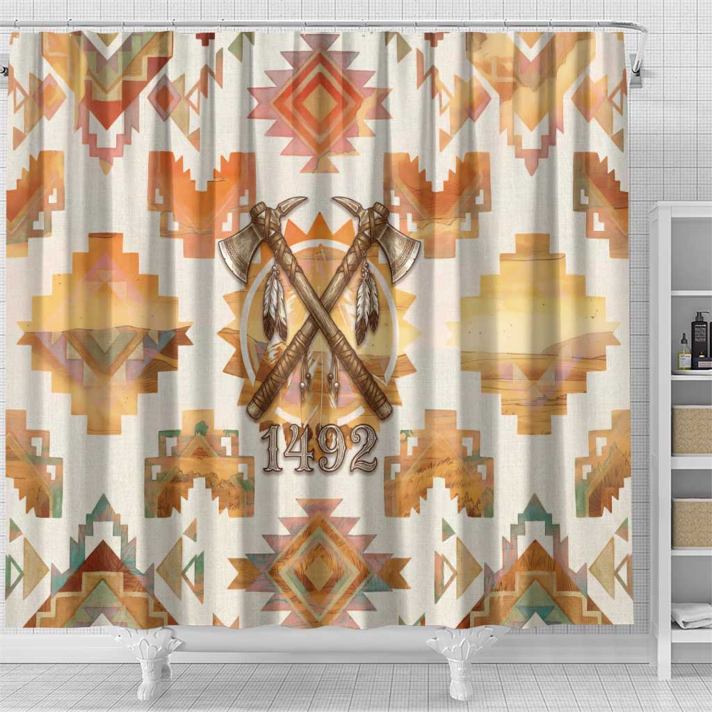 Native American Headdress and Tomahawk Shower Curtain with 1492 Symbolic Date Traditional Feather Motif Indigenous Heritage - Wonder Print Shop