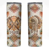 Native American Headdress and Tomahawk Skinny Tumbler with 1492 Symbolic Date Traditional Feather Motif Indigenous Heritage - Wonder Print Shop