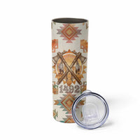 Native American Headdress and Tomahawk Skinny Tumbler with 1492 Symbolic Date Traditional Feather Motif Indigenous Heritage - Wonder Print Shop