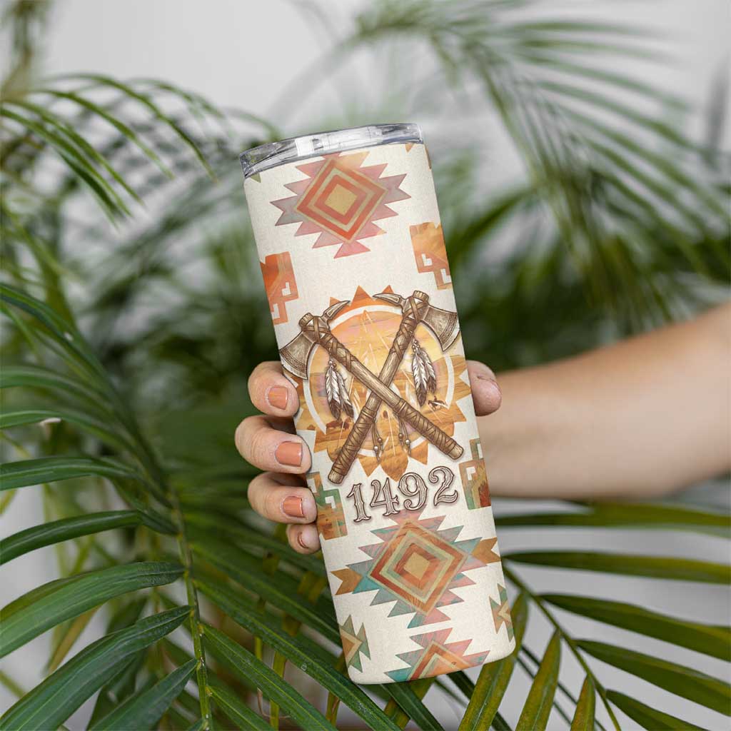 Native American Headdress and Tomahawk Skinny Tumbler with 1492 Symbolic Date Traditional Feather Motif Indigenous Heritage - Wonder Print Shop