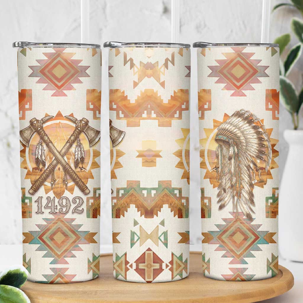 Native American Headdress and Tomahawk Skinny Tumbler with 1492 Symbolic Date Traditional Feather Motif Indigenous Heritage - Wonder Print Shop
