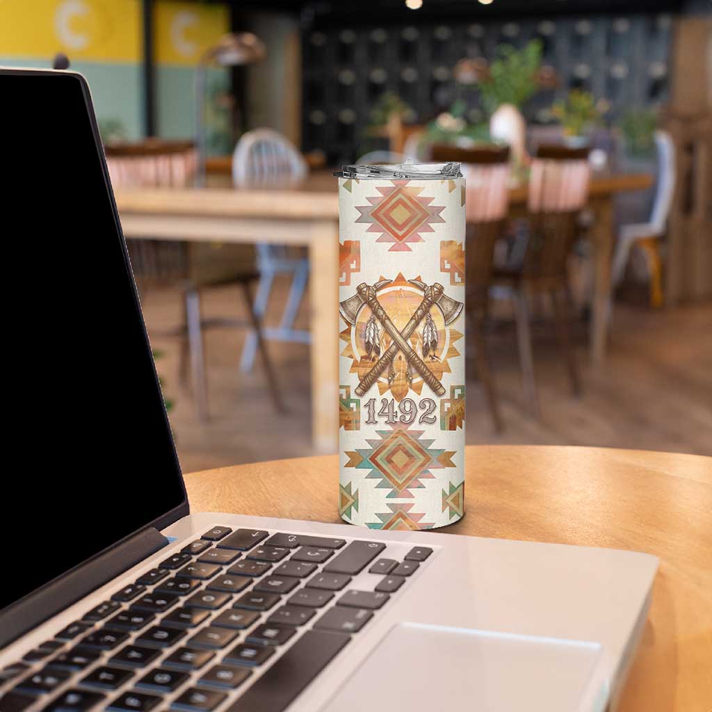 Native American Headdress and Tomahawk Skinny Tumbler with 1492 Symbolic Date Traditional Feather Motif Indigenous Heritage - Wonder Print Shop