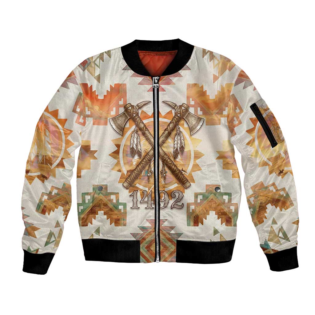 Native American Headdress and Tomahawk Sleeve Zip Bomber Jacket with 1492 Symbolic Date Traditional Feather Motif Indigenous Heritage - Wonder Print Shop