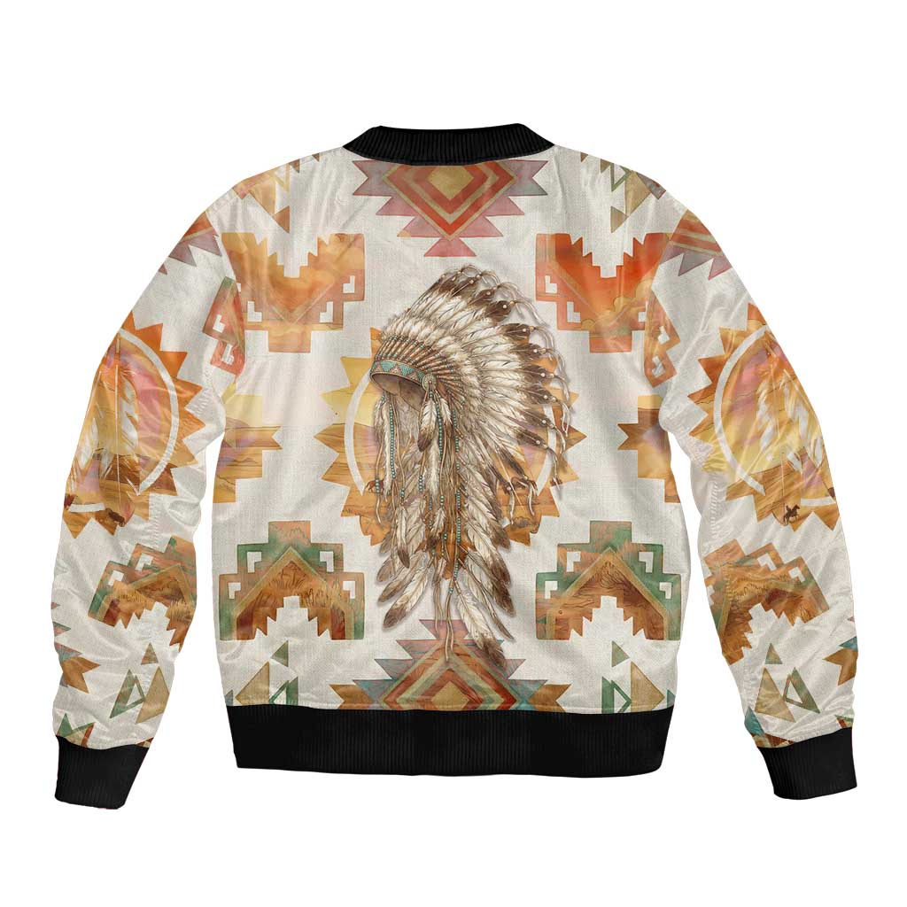 Native American Headdress and Tomahawk Sleeve Zip Bomber Jacket with 1492 Symbolic Date Traditional Feather Motif Indigenous Heritage - Wonder Print Shop