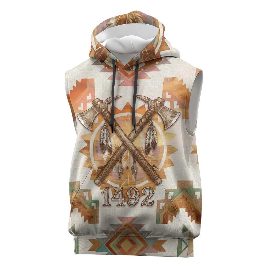 Native American Headdress and Tomahawk Sleeveless Hoodie with 1492 Symbolic Date Traditional Feather Motif Indigenous Heritage - Wonder Print Shop