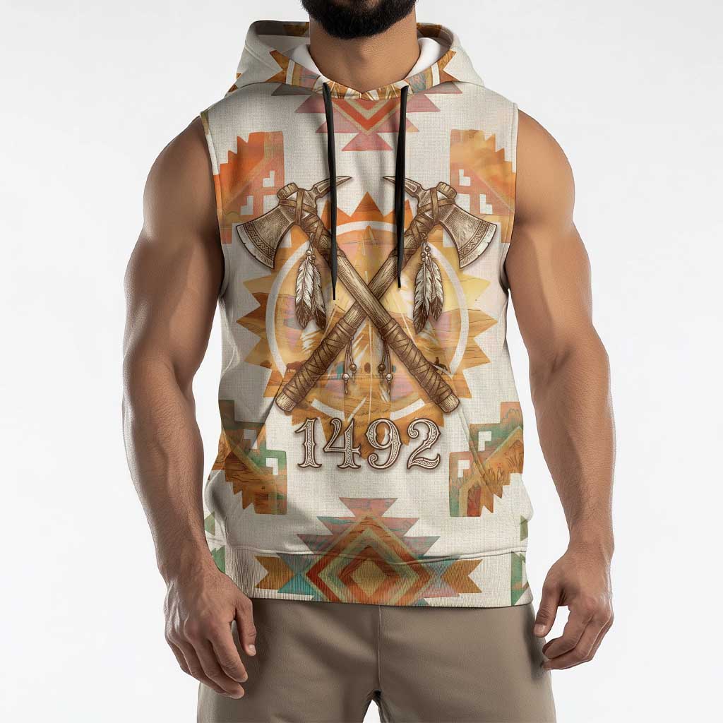 Native American Headdress and Tomahawk Sleeveless Hoodie with 1492 Symbolic Date Traditional Feather Motif Indigenous Heritage - Wonder Print Shop