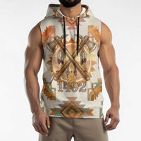 Native American Headdress and Tomahawk Sleeveless Hoodie with 1492 Symbolic Date Traditional Feather Motif Indigenous Heritage - Wonder Print Shop