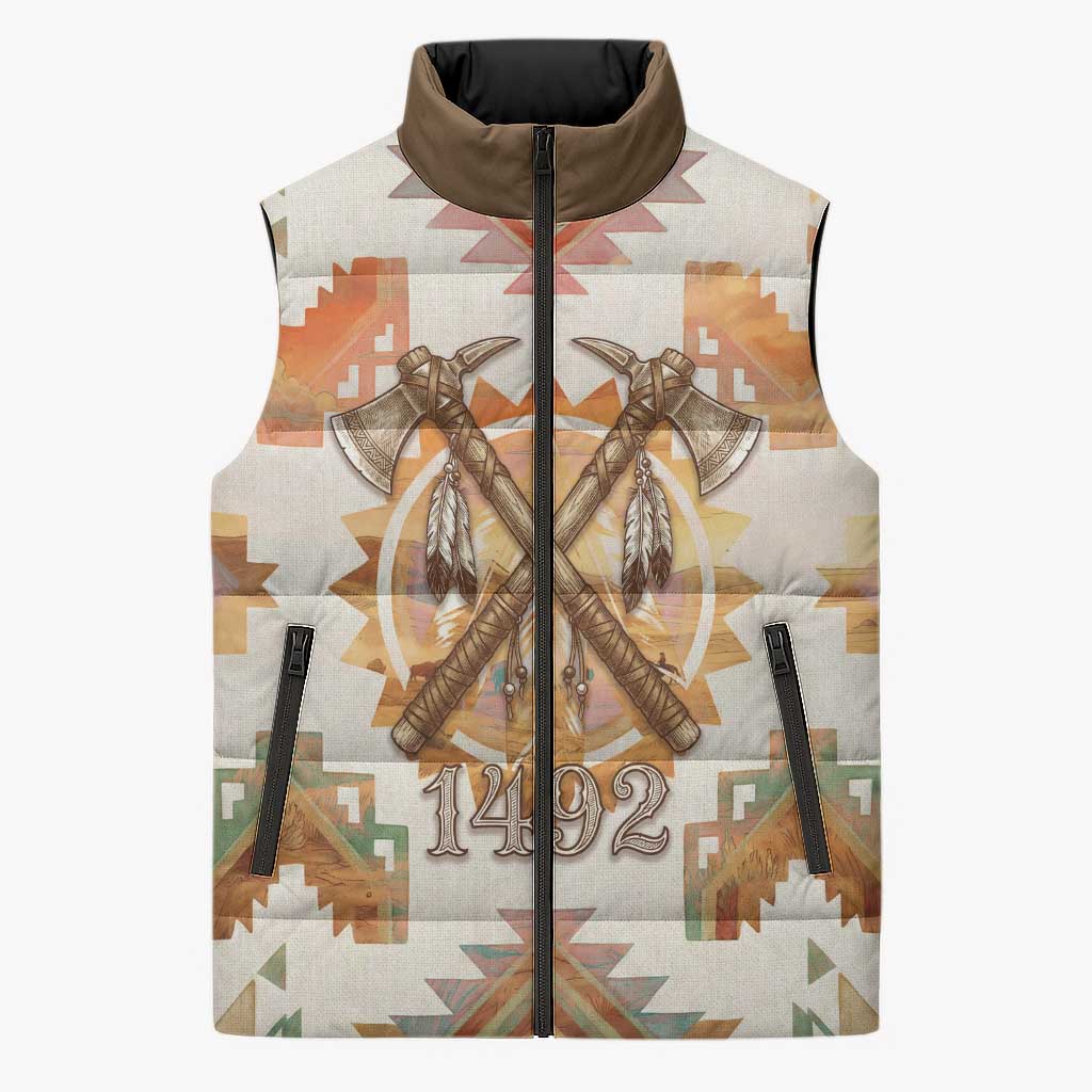 Native American Headdress and Tomahawk Sleeveless Puffer Jacket with 1492 Symbolic Date Traditional Feather Motif Indigenous Heritage - Wonder Print Shop