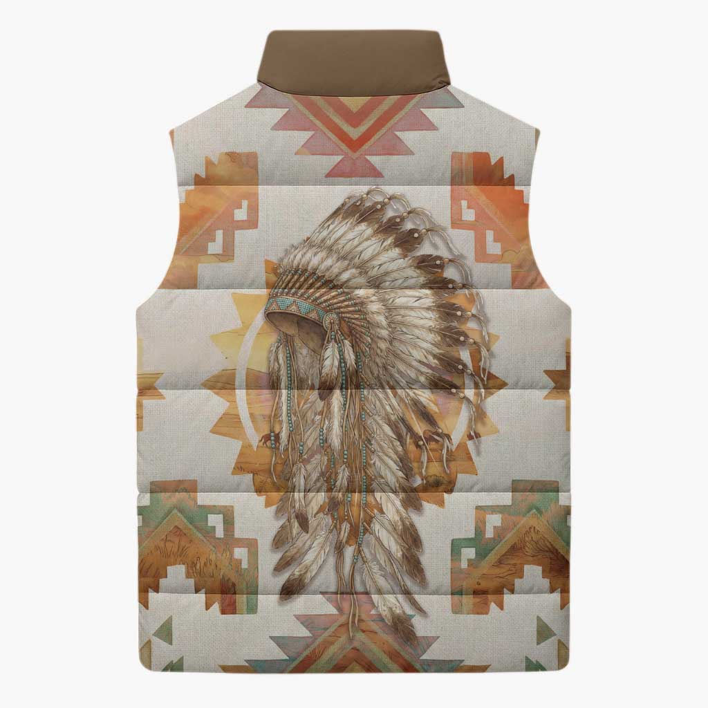 Native American Headdress and Tomahawk Sleeveless Puffer Jacket with 1492 Symbolic Date Traditional Feather Motif Indigenous Heritage - Wonder Print Shop