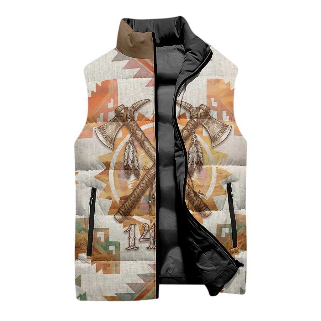 Native American Headdress and Tomahawk Sleeveless Puffer Jacket with 1492 Symbolic Date Traditional Feather Motif Indigenous Heritage - Wonder Print Shop