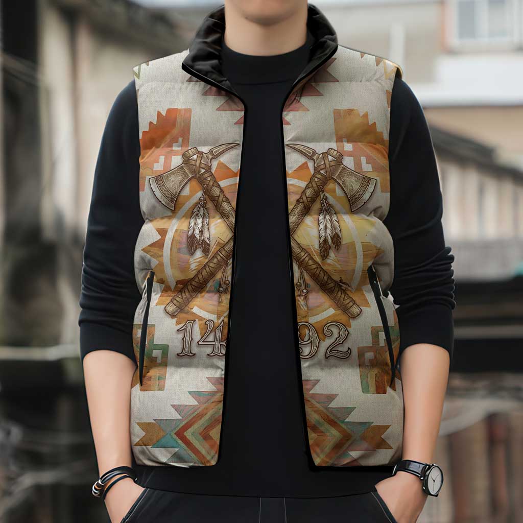Native American Headdress and Tomahawk Sleeveless Puffer Jacket with 1492 Symbolic Date Traditional Feather Motif Indigenous Heritage - Wonder Print Shop