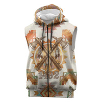 Native American Headdress and Tomahawk Sleeveless Zip Hoodie with 1492 Symbolic Date Traditional Feather Motif Indigenous Heritage - Wonder Print Shop